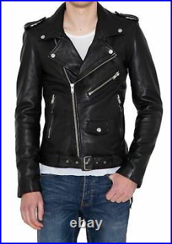 100% New Stylish Men's Black Genuine Real Leather Biker Jacket men NFS 646