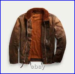 1920's Shearling Collar Distressed Street wear Vintage Cafe Brown Real Leather