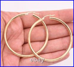 3mm X 50mm 2 Large Plain All Shiny Hoop Earrings REAL 14K Yellow Gold 4.0gr