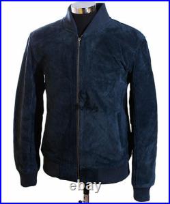 70s Mens Bomber Jacket Varsity Classic Real Suede Leather Pilot Jacket Navy Blue