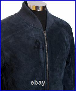 70s Mens Bomber Jacket Varsity Classic Real Suede Leather Pilot Jacket Navy Blue