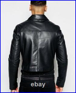 90s Men's Genuine Black leather Jacket Vintage leather Moto Biker Zipper jacket