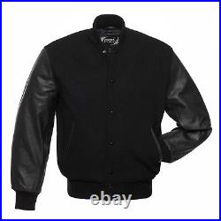 All Black Letterman Varsity Baseball Jacket Wool & Real Leather Arms