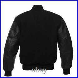 All Black Letterman Varsity Baseball Jacket Wool & Real Leather Arms