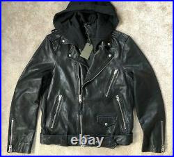 All Saints Black Renzo Hooded Leather Biker Jacket Coat Large New & Tags