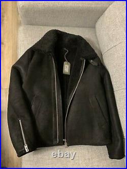 All Saints Dekley Black Matte Leather Shearling Jacket Size Large Brand New