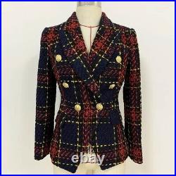 All Sizes Double Breasted Tweed Tartan Slim Fit Blazer With Gold Buttons Jacket