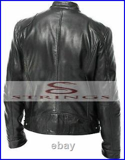 Black Motorcycle Genuine Sheepskin Leather Biker Cafe Racer Jacket For Men