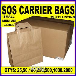 Brown Paper SOS carrier bags take away handles ALL 3 SIZES- Small, Medium, Large