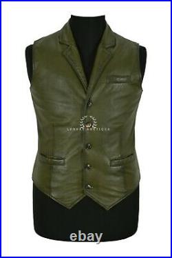 Charles Men's Olive Green Formal Vest Soft Lambskin Leather Collared Waistcoat