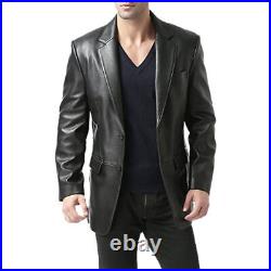 Classic Mens Soft Lambskin Leather Blazer 2 Button Black Slim Fit Business Coat