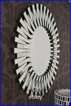 Extra Large Round Silver All Glass Starburst Wall Mirror Modern 3Ft 91cm