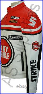 LUCKY STRIKE New White/Red Leather Biker Motorcycle Jacket All sizes