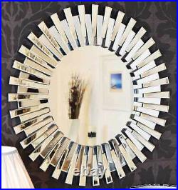 Large Wall Mirror 3Ft 91cm Contemporary Exclusive 3D Sunburst All Glass Round