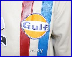 Leather Jacket Steve McQueen Gulf Racing Style Stripes Cream Motorbike For Men's