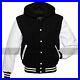 Letterman Varsity Bomber Hood Jacket Black Wool with White Leather Sleeves