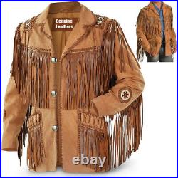 Men American Native Western Cowboy Suede Leather Jacket Fringed Beaded