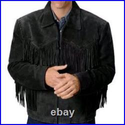 Men American Native Western Cowboy Suede Leather Jacket Fringed Black