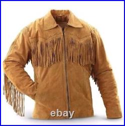 Men American Native Western Cowboy Suede Leather Jacket With Fringe Tan Brown