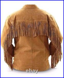 Men American Native Western Cowboy Suede Leather Jacket With Fringe Tan Brown