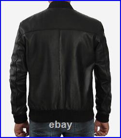 Men Baseball Style Black Leather Bomber Jacket
