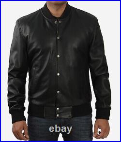 Men Baseball Style Black Leather Bomber Jacket