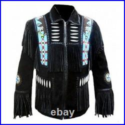 Men Black Suede Western Cowboy Leather Jacket With Eagle Bread Work Zipper