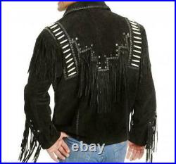 Men Black Suede Western Cowboy Leather Jacket With Fringe & Bead Work Zipper