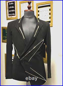 Men Exclusive Party Wedding Bespoke Black Designer Zip Embroidered Tuxedo Blazer