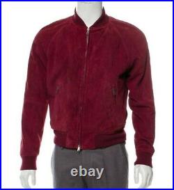 Men Fashion Red Goat Suede Leather Bomber Jacket Available In All Size