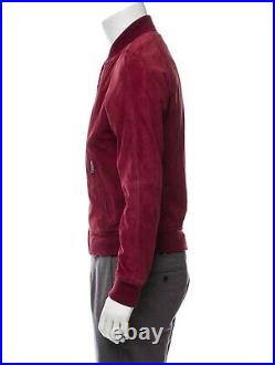 Men Fashion Red Goat Suede Leather Bomber Jacket Available In All Size