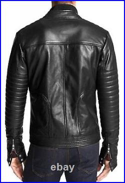 Men Genuine Lambskin Black Biker Slim Fit Jacket Leather Handmade Stylish Party