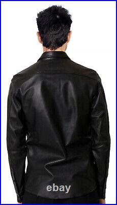 Men Genuine Lambskin Lightweigh Real Leather Shirt Slim Fit Black shirt NFS 029