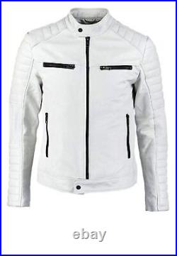 Men Genuine Leather Jacket Lambskin Motorcycle Coat Slim Fit Outwear White