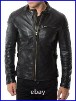 Men Leather Jacket Black New Slim fit Biker Real Genuine Lambskin Jacket UK014