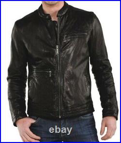 Men Leather Jacket Black New Slim fit Biker Real Genuine Lambskin Jacket UK090