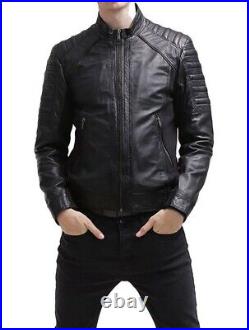 Men Leather Jacket Black New Slim fit Biker Real Genuine Lambskin Jacket UK121
