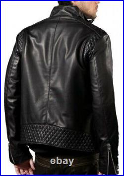 Men Leather Jacket Black New Slim fit Biker Real Genuine Lambskin Jacket UK142