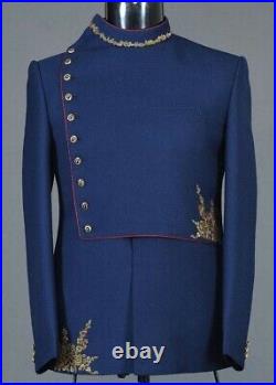 Men Party Wedding Designer Bespoke Navy Blue Embroidered Exclusive Jodhpuri Coat