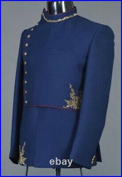 Men Party Wedding Designer Bespoke Navy Blue Embroidered Exclusive Jodhpuri Coat