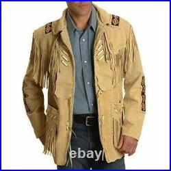 Men Suede Western Cowboy Leather Jacket With Fringe & Bead Work Beige Yellow