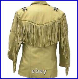 Men Suede Western Cowboy Leather Jacket With Fringe & Bead Work Beige Yellow