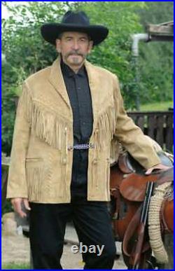 Men Suede Western Cowboy Leather Jacket With Fringe Beige
