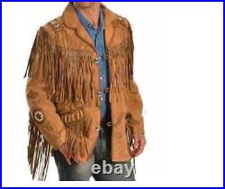 Men Tan Brown Suede Western Cowboy Leather Jacket With Fringe Bead Work