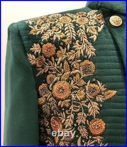 Men Wedding Designer Bespoke Green Velvet Hand Embroidered Jodhpuri Achken Coat