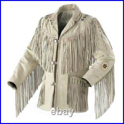 Men Western Cowboy Leather Jacket With Fringe White Beige