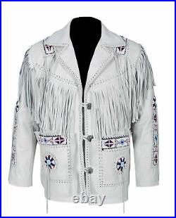 Men White American Native Western Real Leather Cowboy Jacket Fringes & Beaded