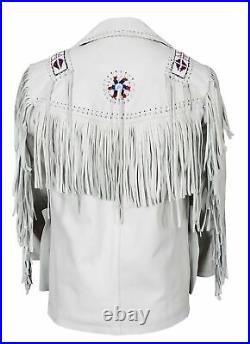 Men White American Native Western Real Leather Cowboy Jacket Fringes & Beaded