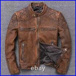 Men's Biker Cafe Racer Vintage Motorcycle Distressed Tan Brown Leather Jacket