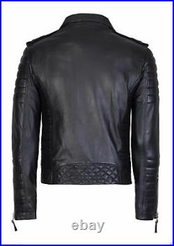 Men's Biker premium Quality Smooth Leather Jacket Black Real Lambskin 402